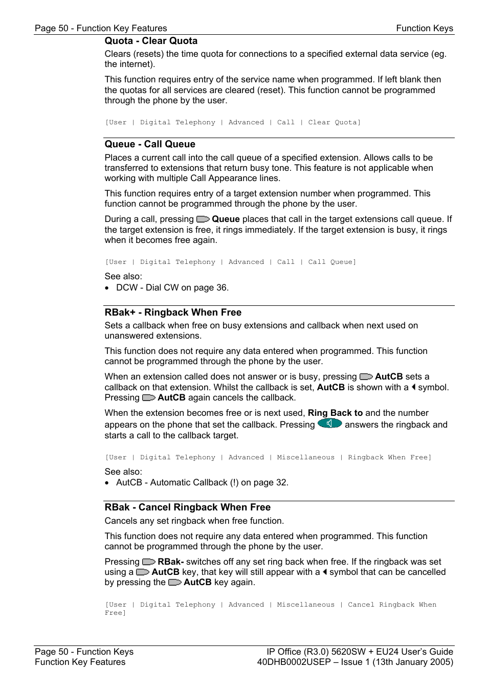 Quota - clear quota, Queue - call queue, Rbak+ - ringback when free | Rbak - cancel ringback when free | Avaya 5620SW + EU24 User Manual | Page 50 / 70