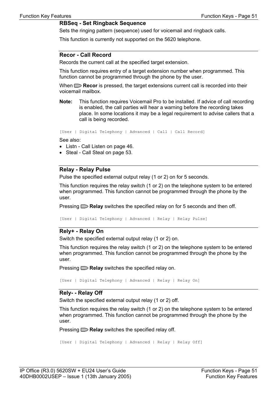 Rbseq - set ringback sequence, Recor - call record, Relay - relay pulse | Rely+ - relay on, Rely- - relay off | Avaya 5620SW + EU24 User Manual | Page 51 / 70