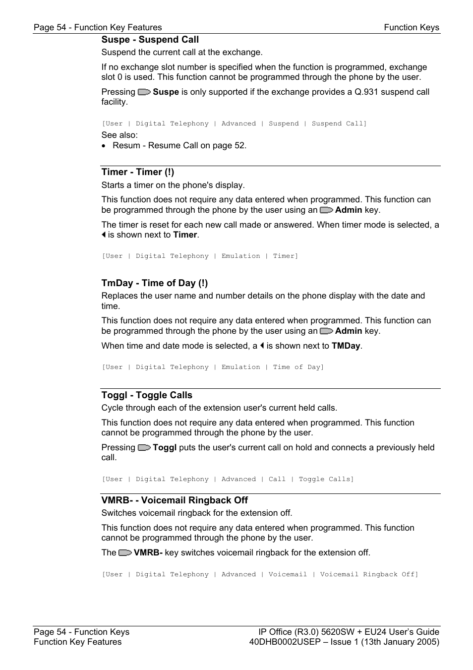 Suspe - suspend call, Timer - timer (!), Tmday - time of day (!) | Toggl - toggle calls, Vmrb- - voicemail ringback off | Avaya 5620SW + EU24 User Manual | Page 54 / 70