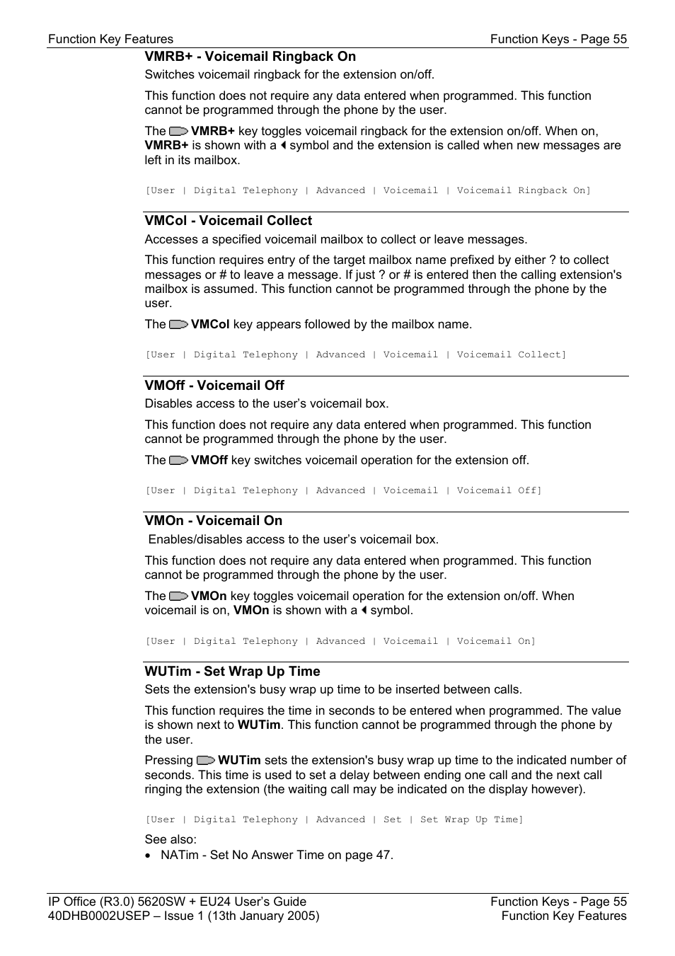 Vmrb+ - voicemail ringback on, Vmcol - voicemail collect, Vmoff - voicemail off | Vmon - voicemail on, Wutim - set wrap up time | Avaya 5620SW + EU24 User Manual | Page 55 / 70