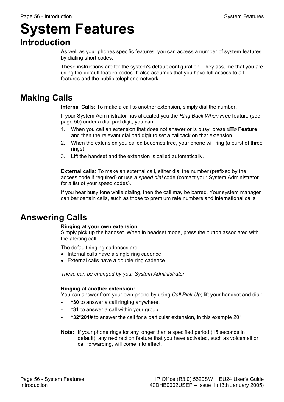 System features, Introduction, Making calls | Answering calls, Introduction making calls answering calls | Avaya 5620SW + EU24 User Manual | Page 56 / 70