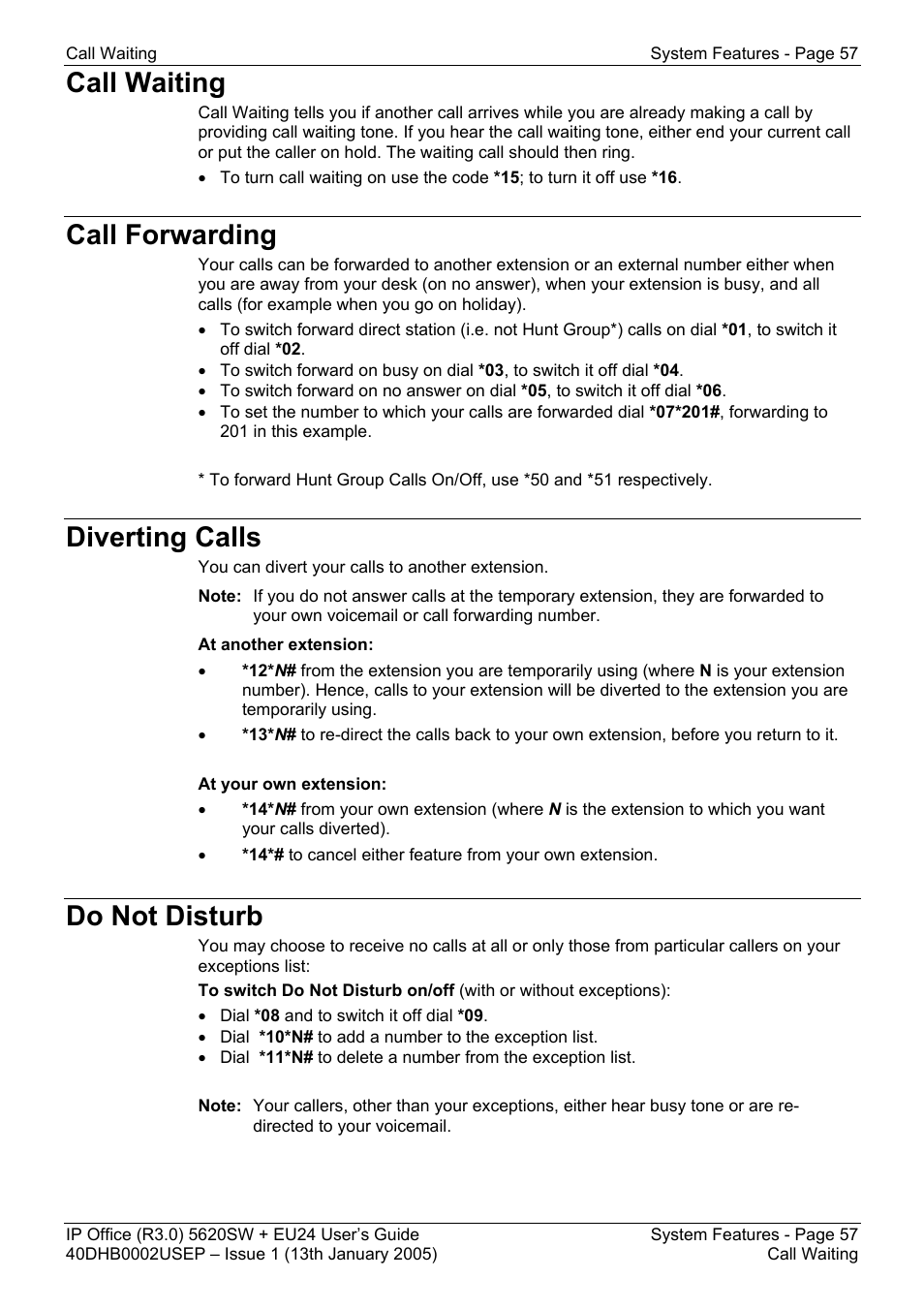 Call waiting, Call forwarding, Diverting calls | Do not disturb | Avaya 5620SW + EU24 User Manual | Page 57 / 70