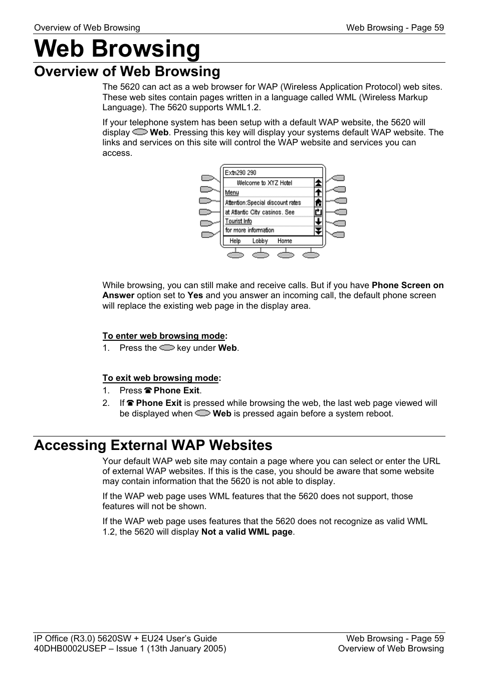 Web browsing, Overview of web browsing, Accessing external wap websites | Avaya 5620SW + EU24 User Manual | Page 59 / 70