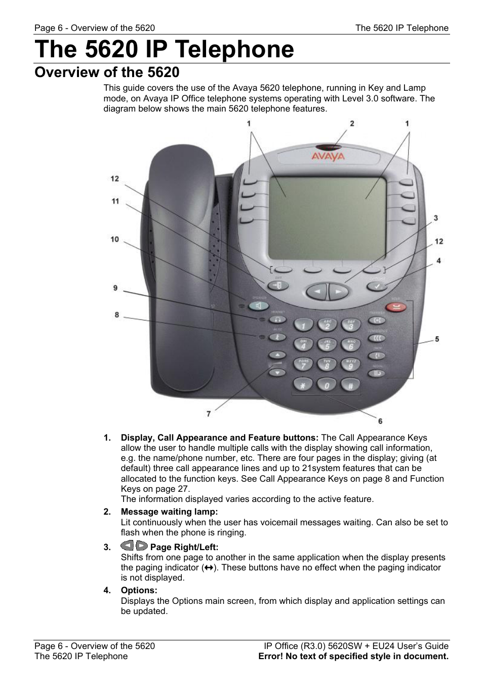 The 5620 ip telephone, Overview of the 5620 | Avaya 5620SW + EU24 User Manual | Page 6 / 70