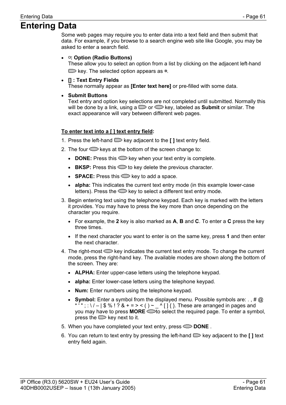 Entering data | Avaya 5620SW + EU24 User Manual | Page 61 / 70