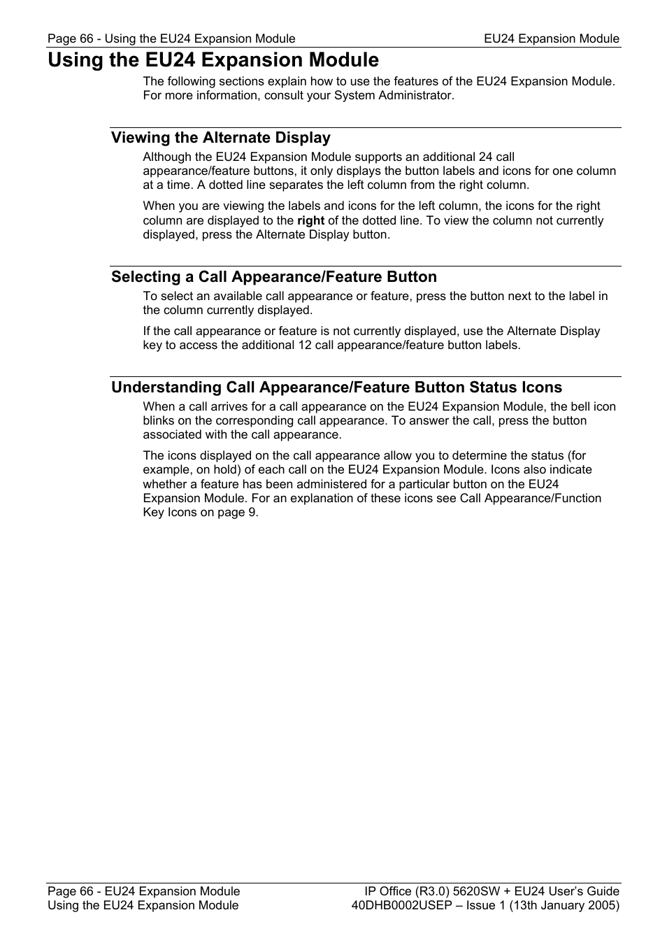 Using the eu24 expansion module, Viewing the alternate display, Selecting a call appearance/feature button | Avaya 5620SW + EU24 User Manual | Page 66 / 70