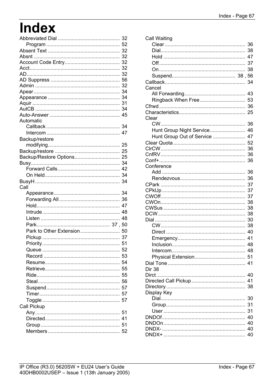 Index | Avaya 5620SW + EU24 User Manual | Page 67 / 70