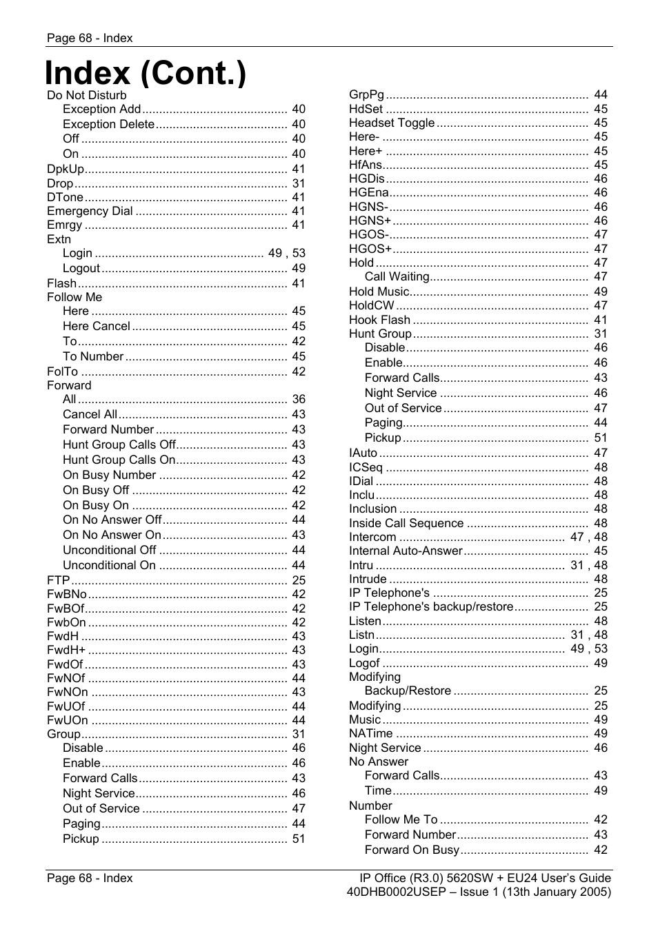 Index (cont.) | Avaya 5620SW + EU24 User Manual | Page 68 / 70