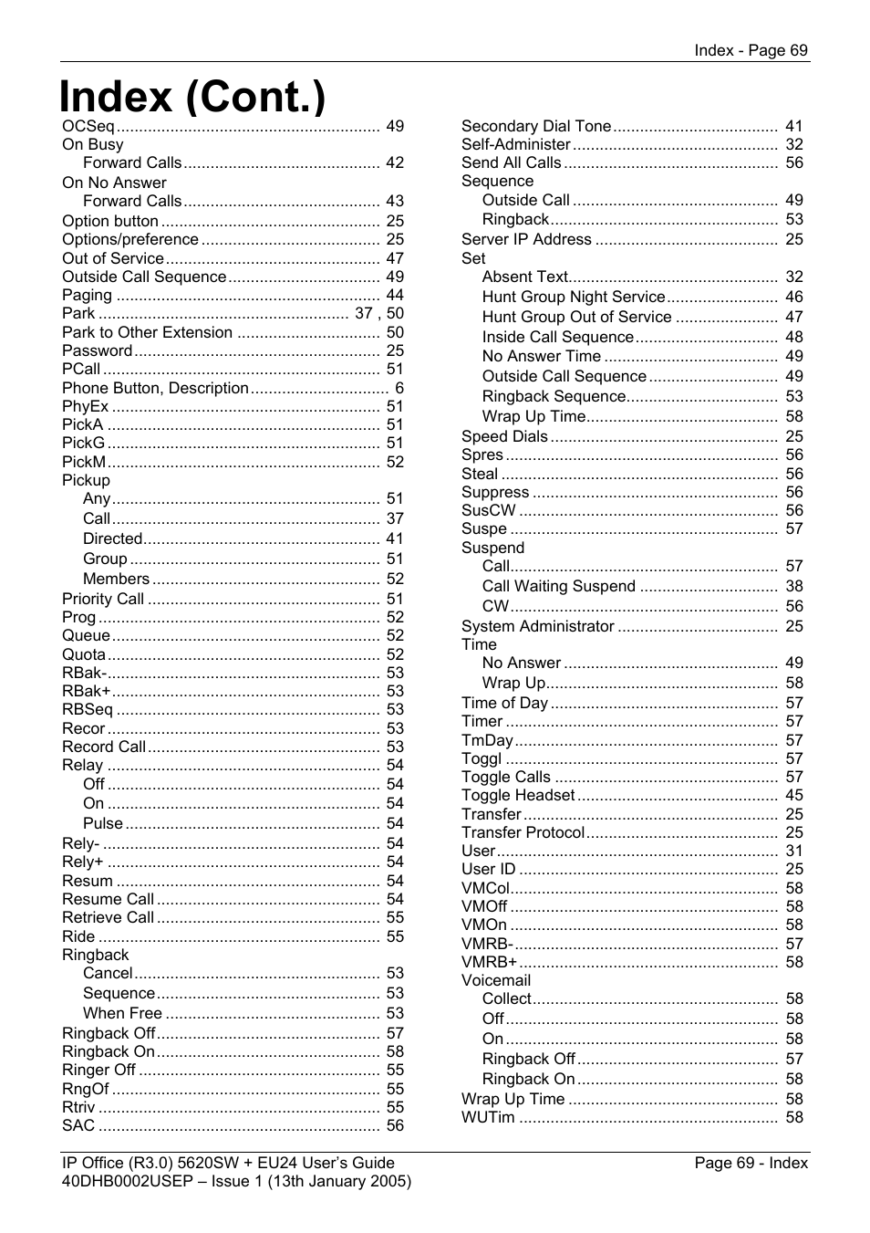 Index (cont.) | Avaya 5620SW + EU24 User Manual | Page 69 / 70