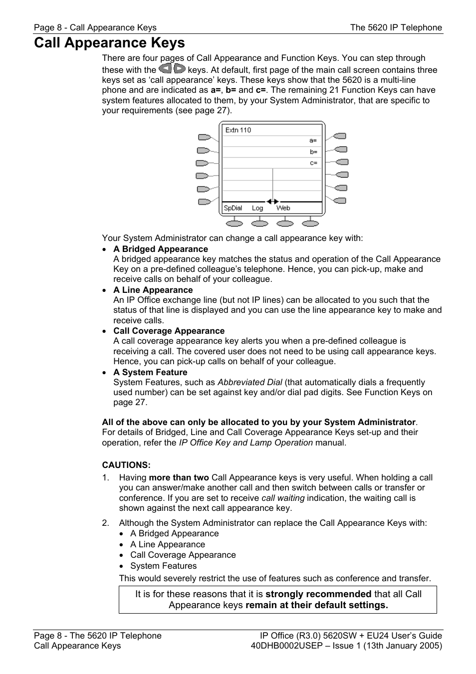 Call appearance keys | Avaya 5620SW + EU24 User Manual | Page 8 / 70