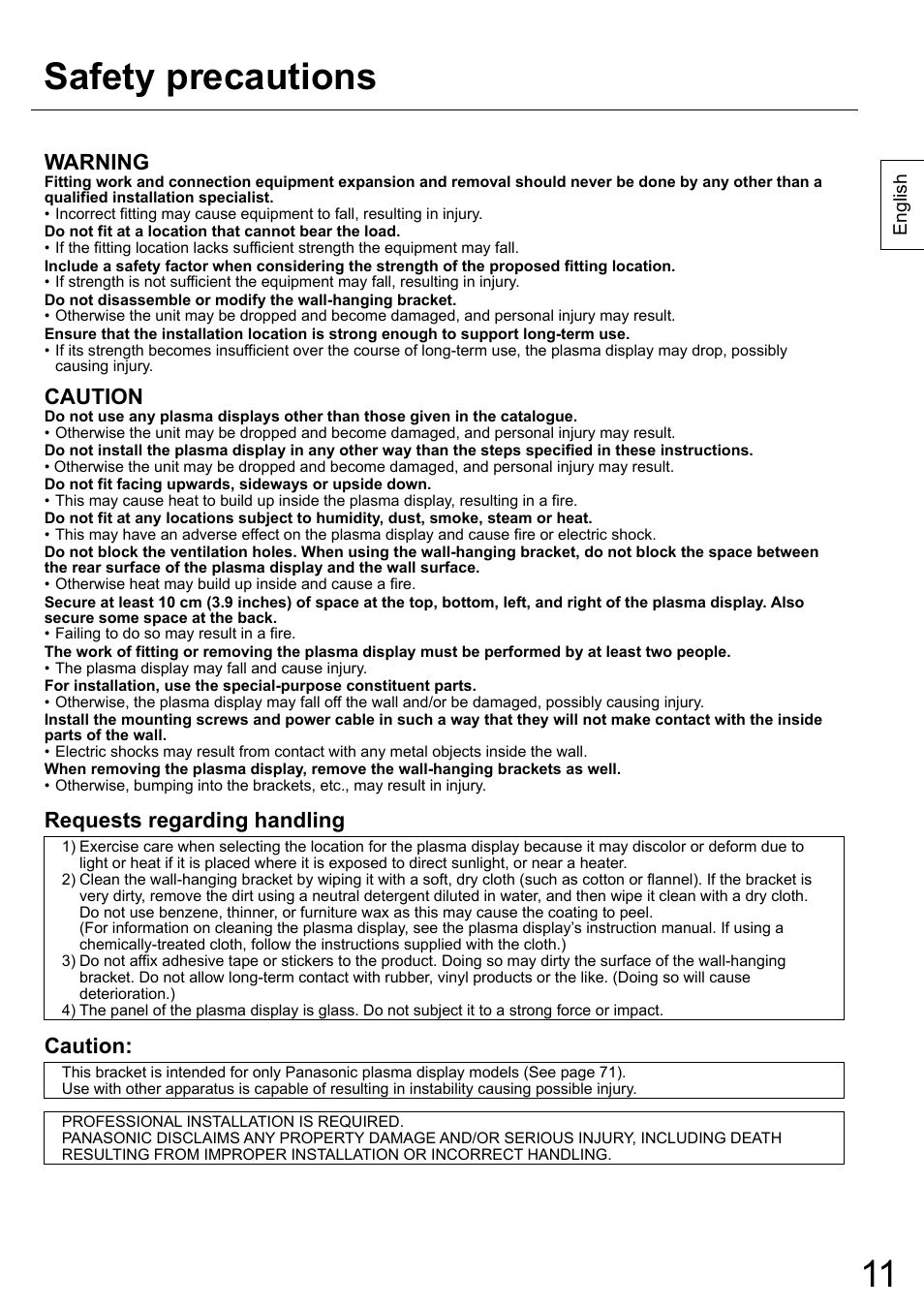 Safety precautions, Warning, Caution | Requests regarding handling | Panasonic TYWK42PR20 User Manual | Page 11 / 72