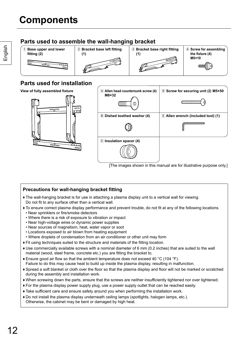 Components, Parts used to assemble the wall-hanging bracket, Parts used for installation | Panasonic TYWK42PR20 User Manual | Page 12 / 72