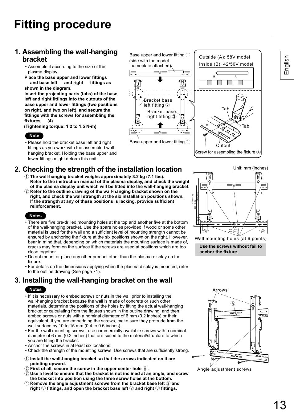 Fitting procedure, Assembling the wall-hanging bracket, Checking the strength of the installation location | Installing the wall-hanging bracket on the wall, English | Panasonic TYWK42PR20 User Manual | Page 13 / 72