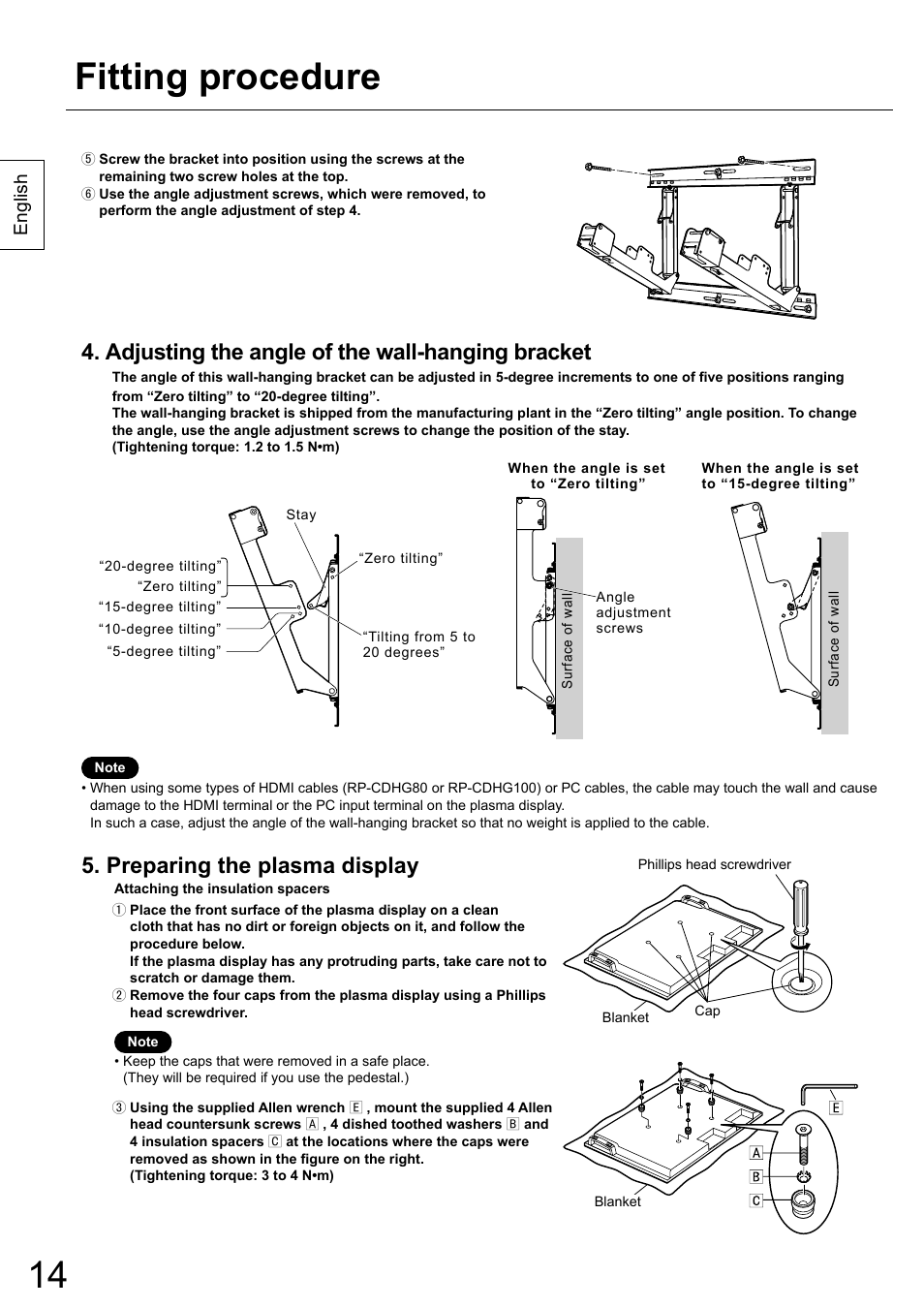 Fitting procedure, Adjusting the angle of the wall-hanging bracket, Preparing the plasma display | English | Panasonic TYWK42PR20 User Manual | Page 14 / 72
