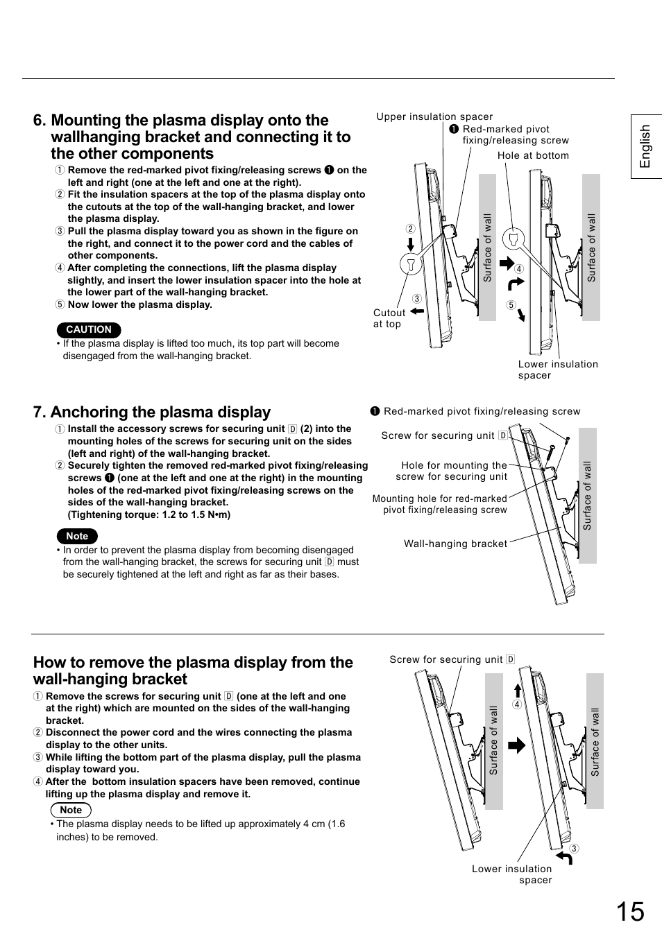 Anchoring the plasma display, English | Panasonic TYWK42PR20 User Manual | Page 15 / 72