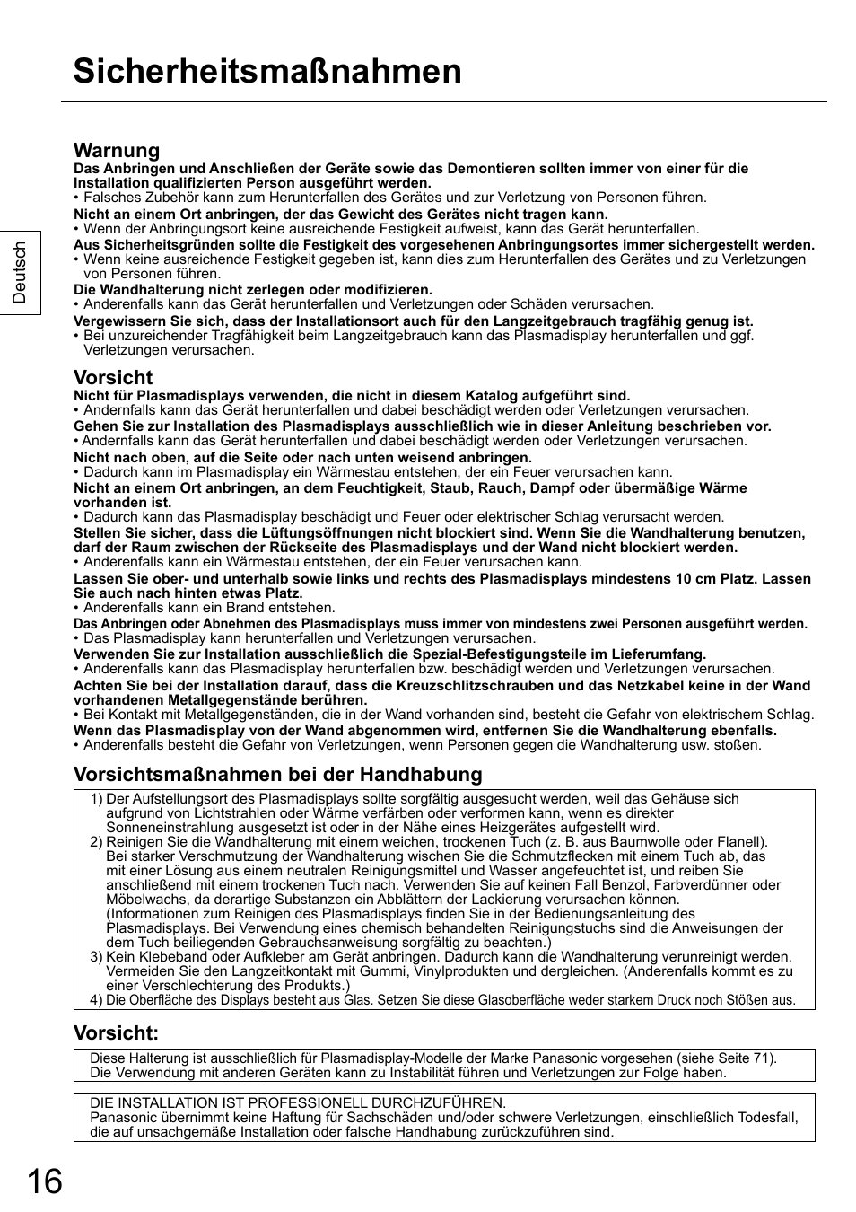 Sicherheitsmaßnahmen, Warnung, Vorsicht | Vorsichtsmaßnahmen bei der handhabung | Panasonic TYWK42PR20 User Manual | Page 16 / 72