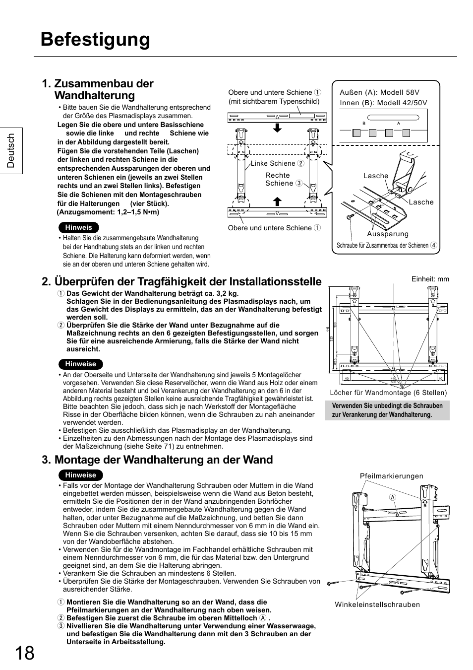 Befestigung, Zusammenbau der wandhalterung, Montage der wandhalterung an der wand | Deutsch | Panasonic TYWK42PR20 User Manual | Page 18 / 72