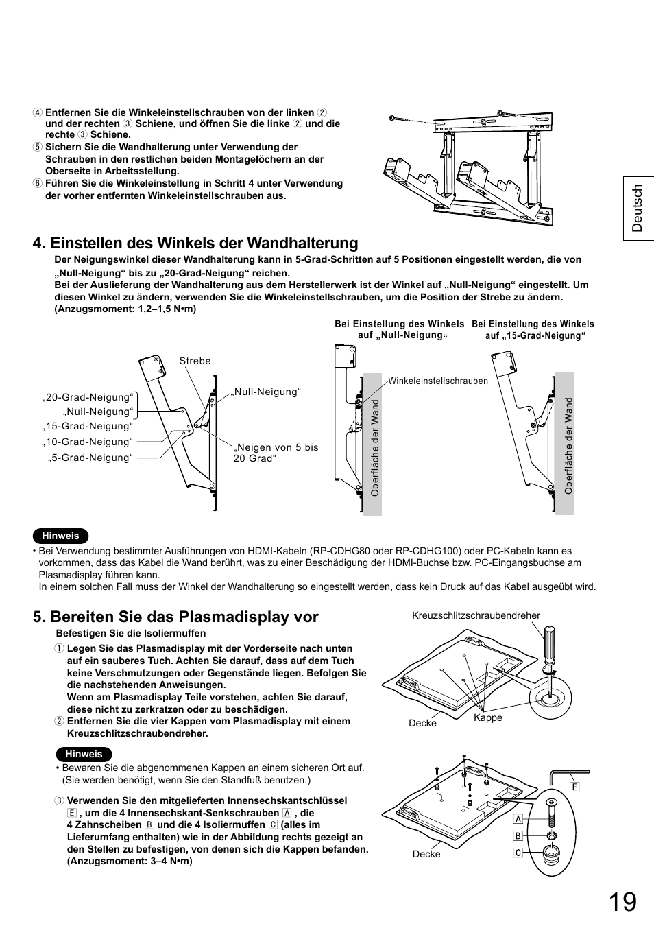 Einstellen des winkels der wandhalterung, Bereiten sie das plasmadisplay vor, Deutsch | Panasonic TYWK42PR20 User Manual | Page 19 / 72