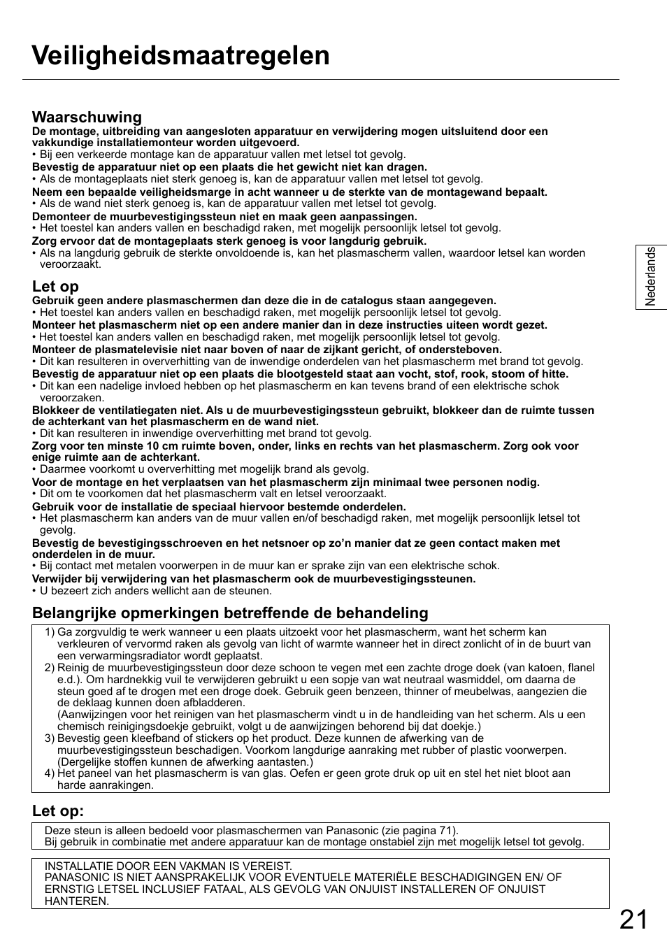 Veiligheidsmaatregelen, Waarschuwing, Let op | Belangrijke opmerkingen betreffende de behandeling | Panasonic TYWK42PR20 User Manual | Page 21 / 72