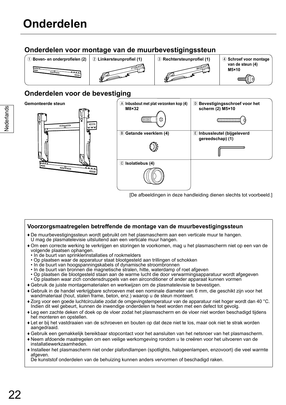 Onderdelen, Onderdelen voor de bevestiging | Panasonic TYWK42PR20 User Manual | Page 22 / 72