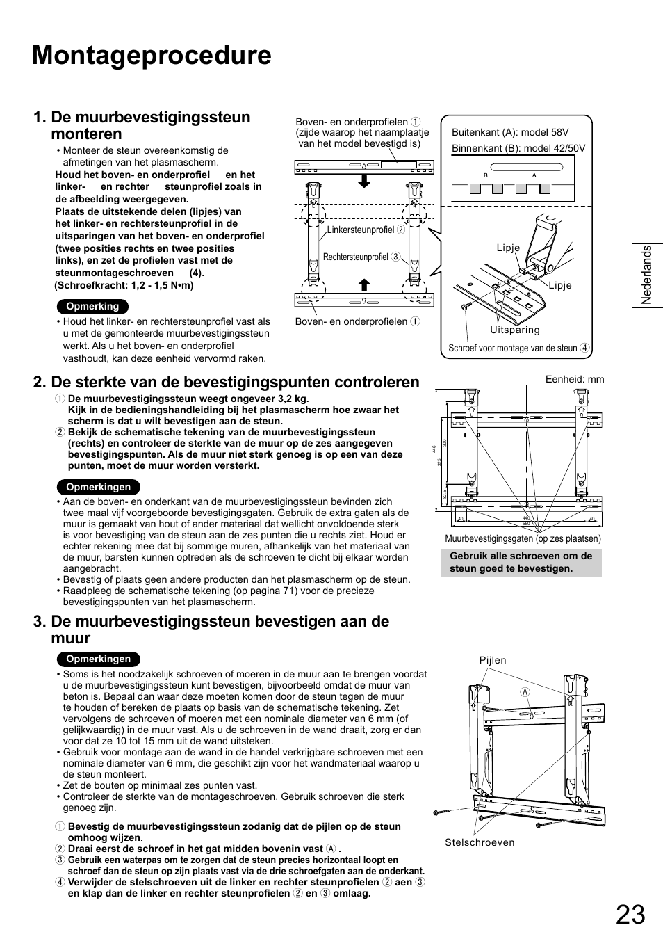 Montageprocedure, De muurbevestigingssteun monteren, De sterkte van de bevestigingspunten controleren | De muurbevestigingssteun bevestigen aan de muur, Nederlands | Panasonic TYWK42PR20 User Manual | Page 23 / 72