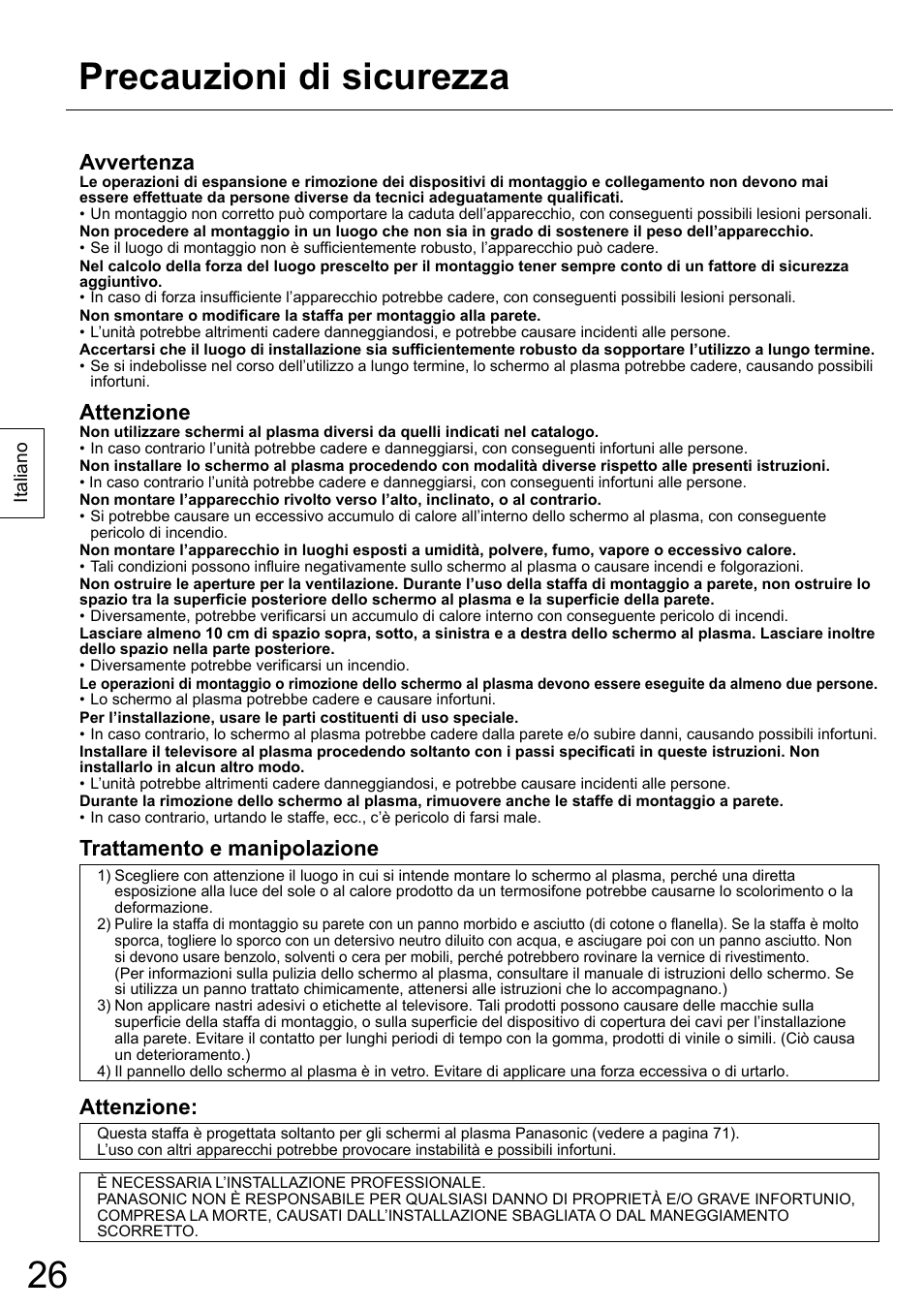 Precauzioni di sicurezza, Avvertenza, Attenzione | Trattamento e manipolazione | Panasonic TYWK42PR20 User Manual | Page 26 / 72