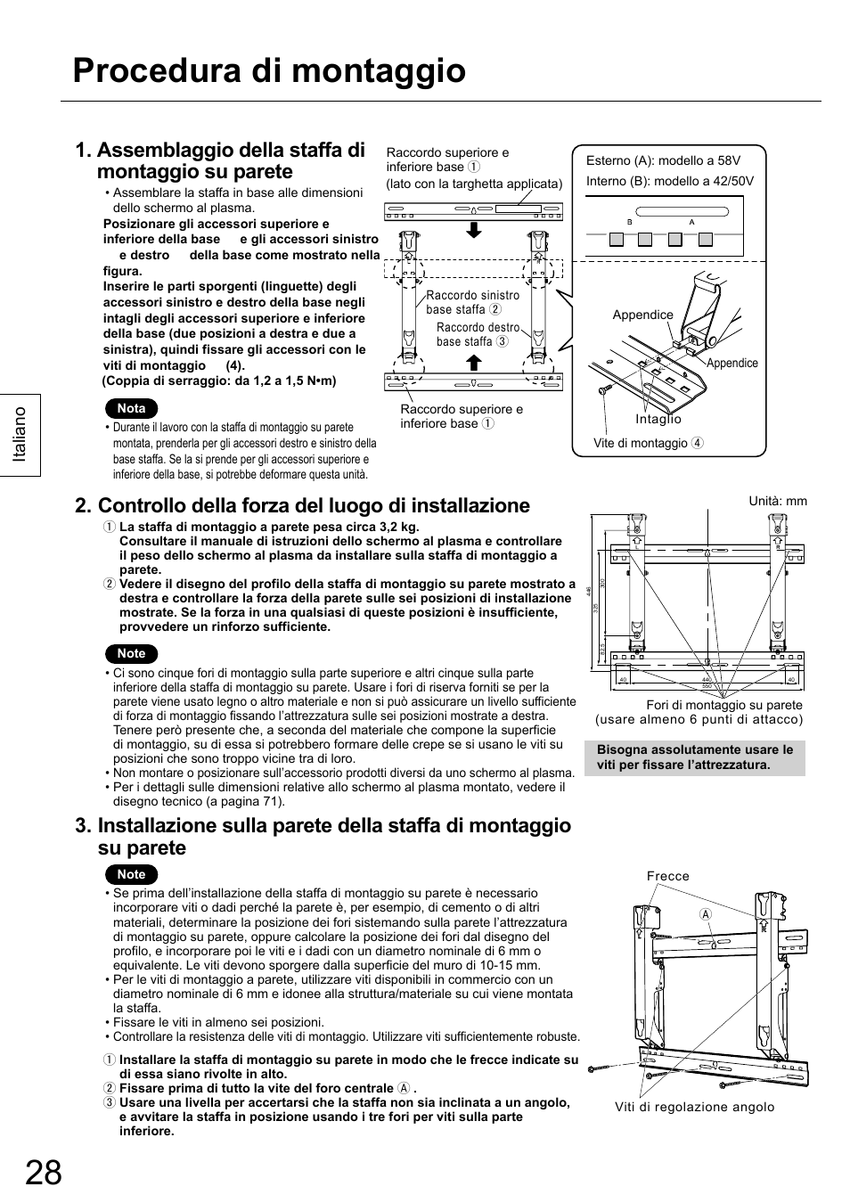 Procedura di montaggio, Assemblaggio della staffa di montaggio su parete, Controllo della forza del luogo di installazione | Italiano | Panasonic TYWK42PR20 User Manual | Page 28 / 72