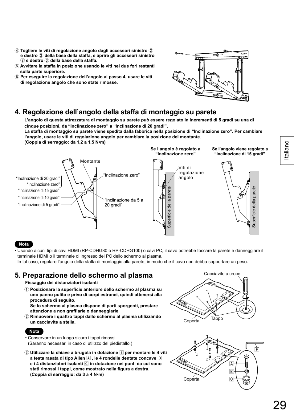 Preparazione dello schermo al plasma, Italiano | Panasonic TYWK42PR20 User Manual | Page 29 / 72