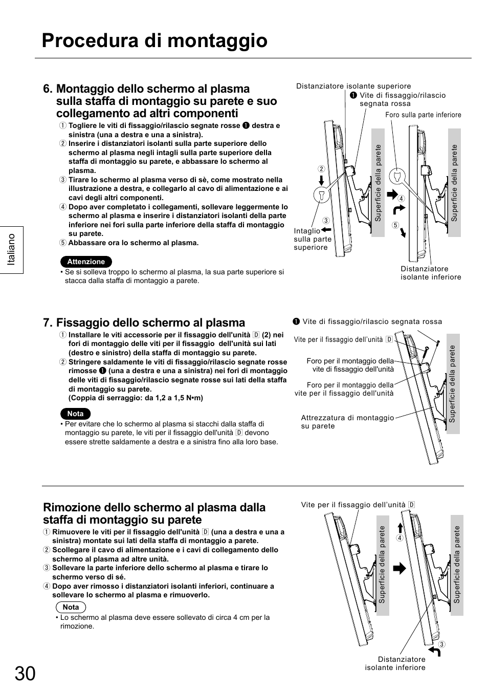 Procedura di montaggio, Fissaggio dello schermo al plasma, Italiano | Panasonic TYWK42PR20 User Manual | Page 30 / 72