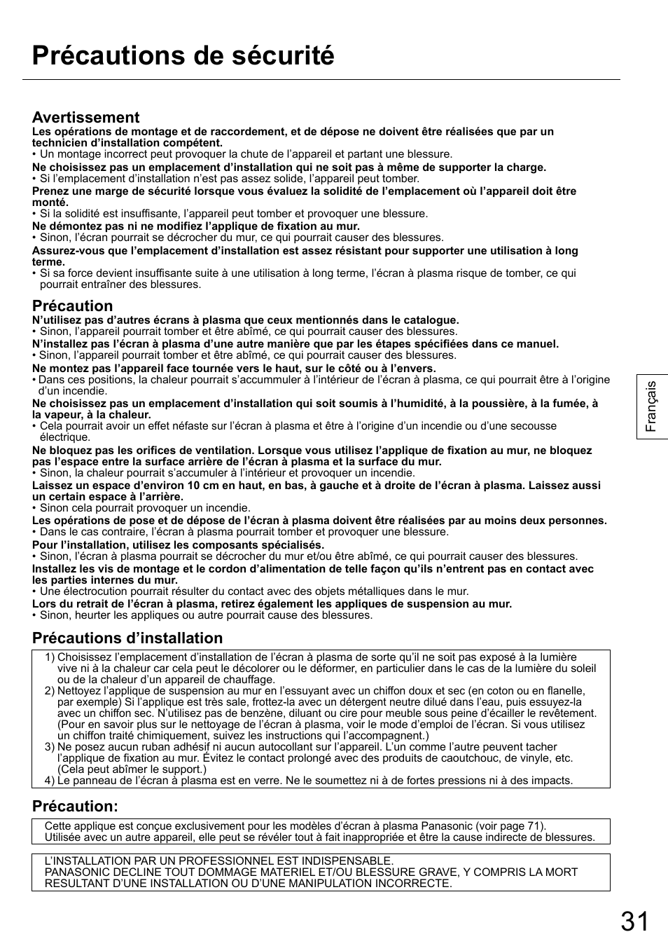 Précautions de sécurité, Avertissement, Précaution | Précautions d’installation | Panasonic TYWK42PR20 User Manual | Page 31 / 72