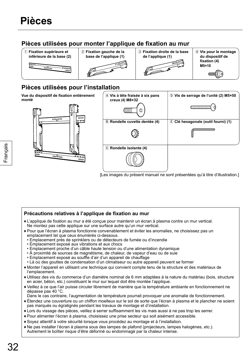 Pièces, Pièces utilisées pour l’installation | Panasonic TYWK42PR20 User Manual | Page 32 / 72