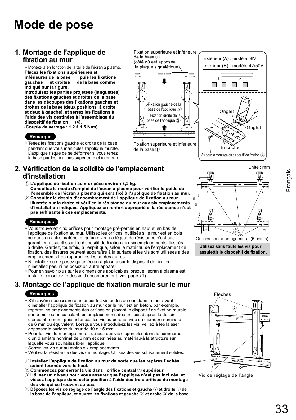 Mode de pose, Montage de l’applique de fixation au mur, Français | Panasonic TYWK42PR20 User Manual | Page 33 / 72