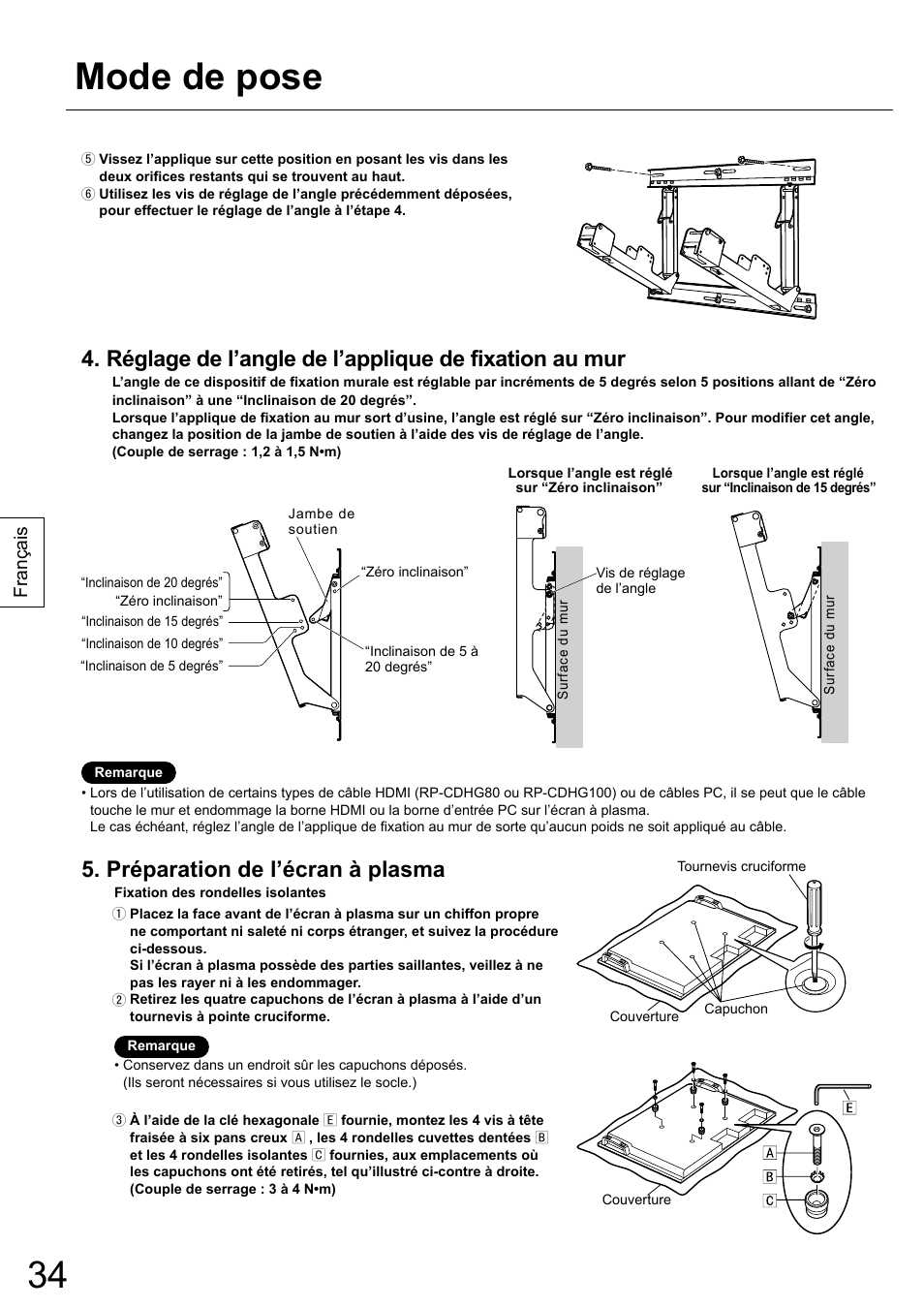 Mode de pose, Préparation de l’écran à plasma, Français | Panasonic TYWK42PR20 User Manual | Page 34 / 72