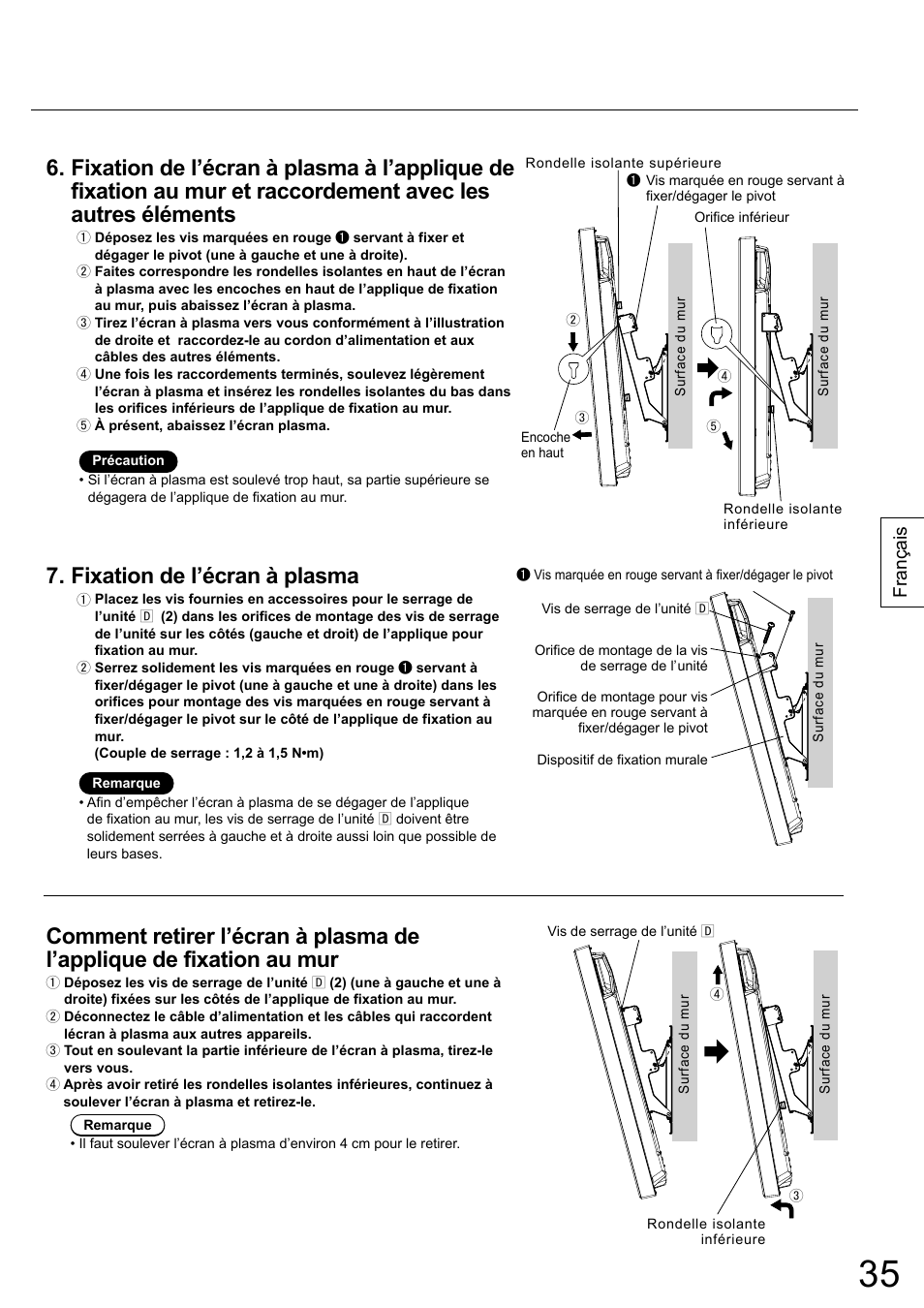 Fixation de l’écran à plasma, Français | Panasonic TYWK42PR20 User Manual | Page 35 / 72