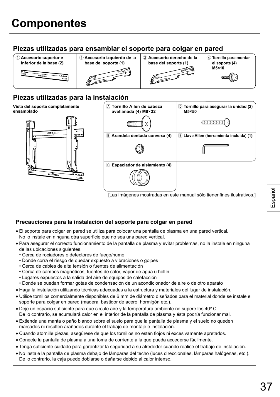 Componentes, Piezas utilizadas para la instalación | Panasonic TYWK42PR20 User Manual | Page 37 / 72