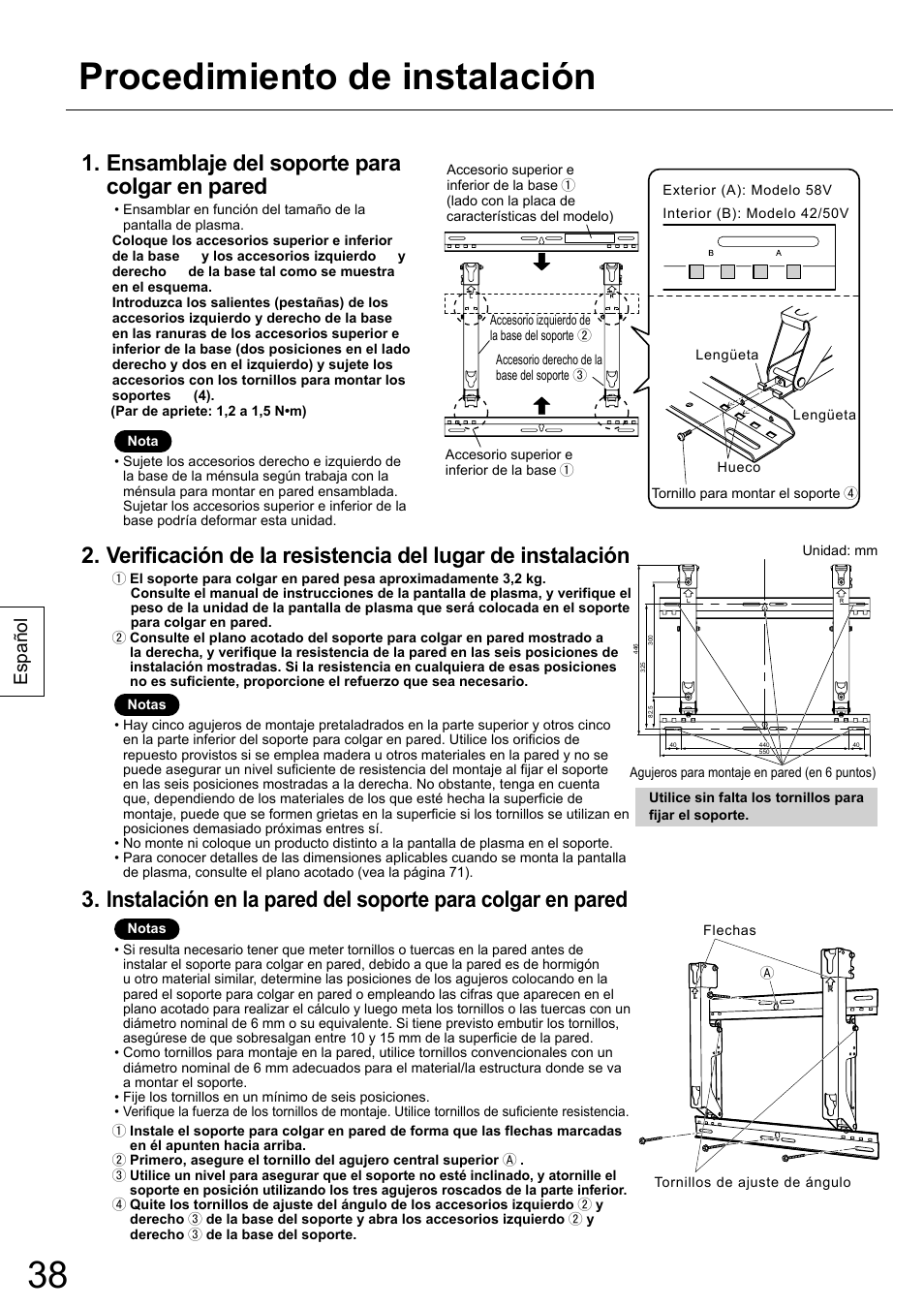 Procedimiento de instalación, Ensamblaje del soporte para colgar en pared, Español | Panasonic TYWK42PR20 User Manual | Page 38 / 72