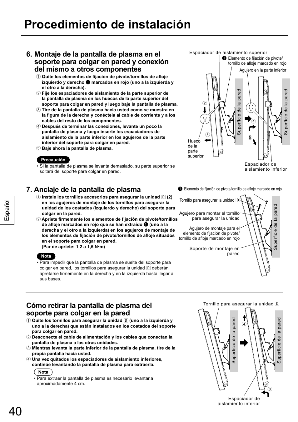 Procedimiento de instalación, Anclaje de la pantalla de plasma, Español | Panasonic TYWK42PR20 User Manual | Page 40 / 72