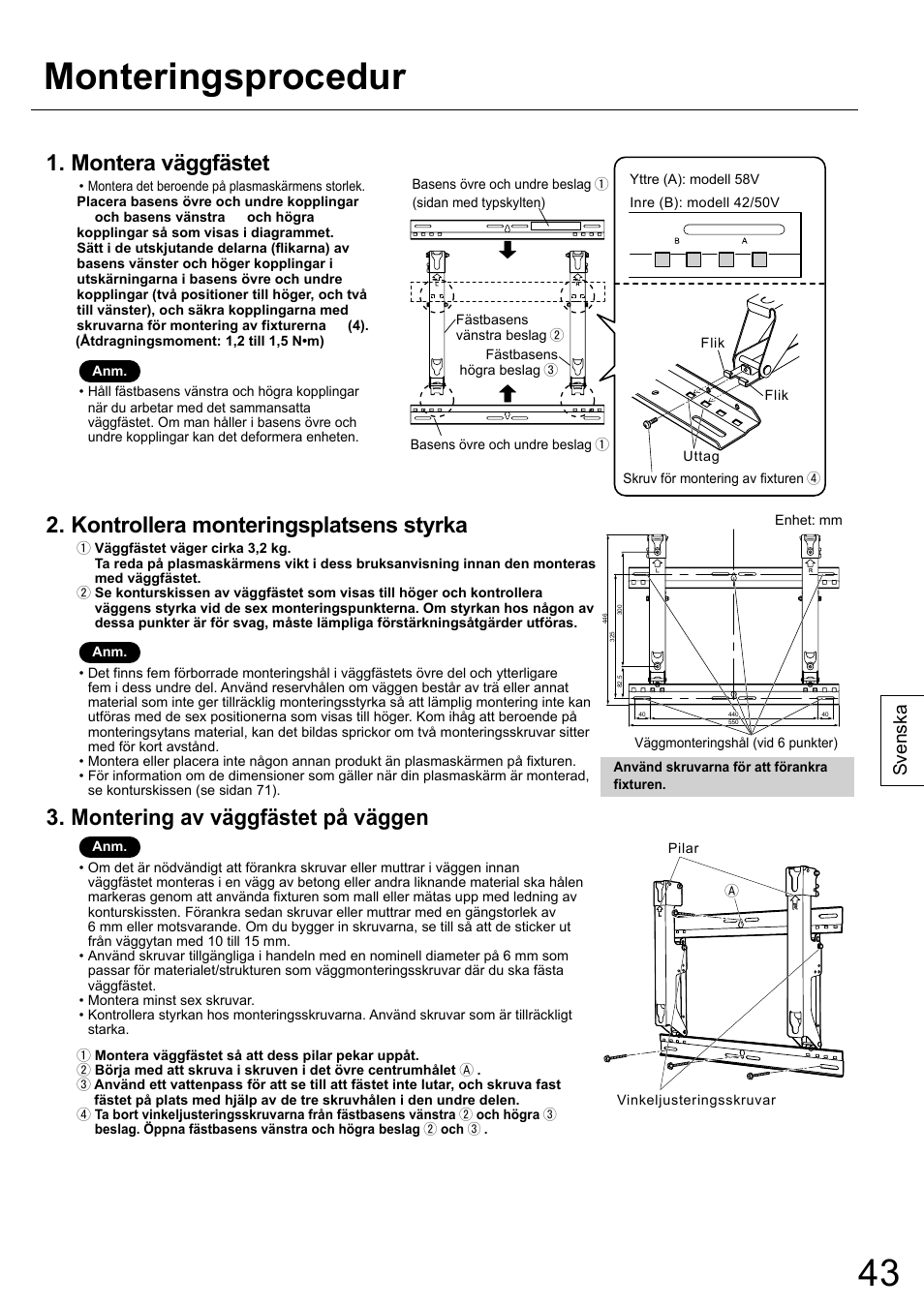 Monteringsprocedur, Montera väggfästet, Kontrollera monteringsplatsens styrka | Montering av väggfästet på väggen, Svenska | Panasonic TYWK42PR20 User Manual | Page 43 / 72