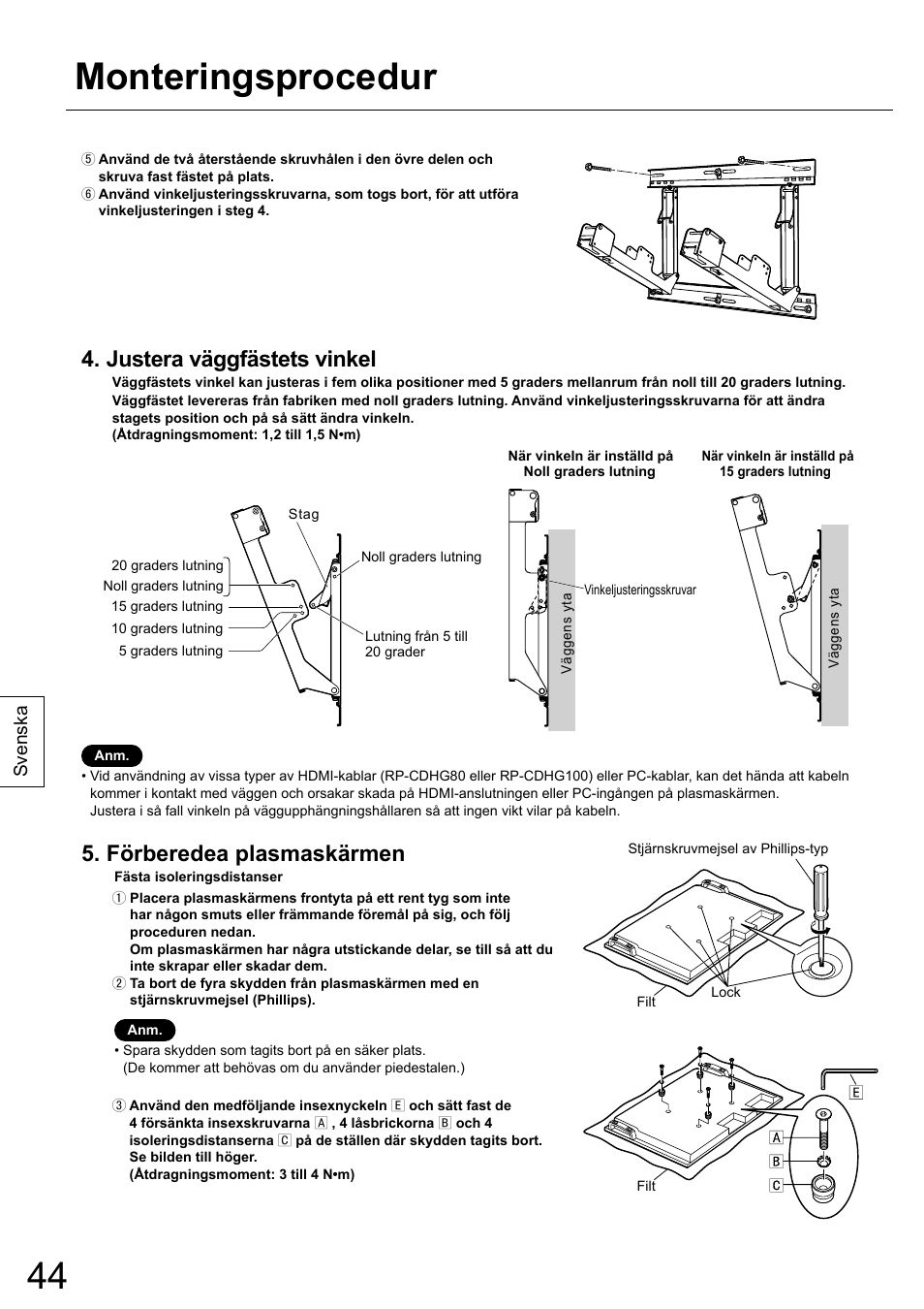 Monteringsprocedur, Justera väggfästets vinkel, Förberedea plasmaskärmen | Svenska | Panasonic TYWK42PR20 User Manual | Page 44 / 72