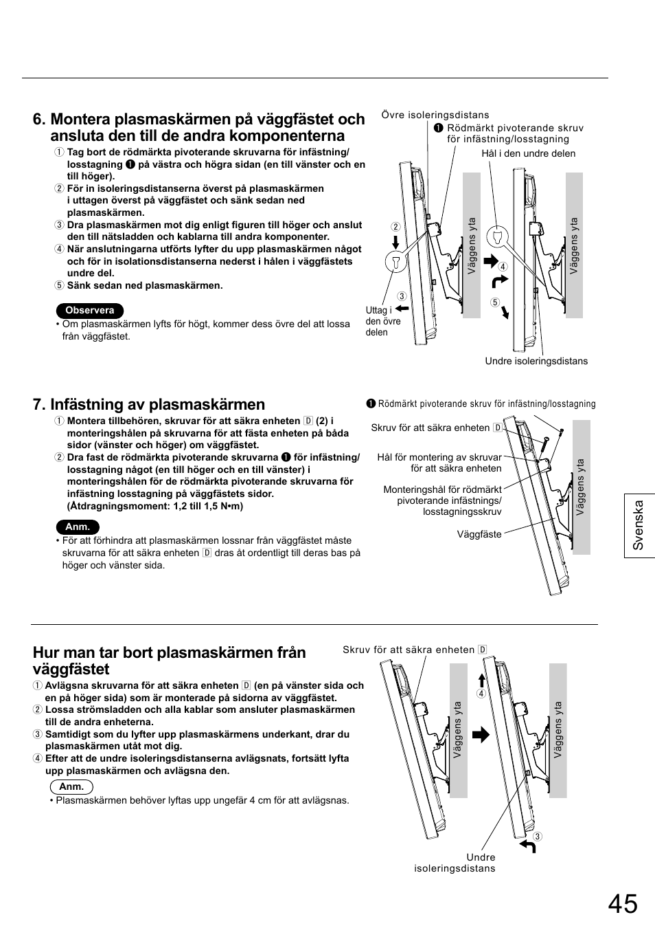 Infästning av plasmaskärmen, Hur man tar bort plasmaskärmen från väggfästet, Svenska | Panasonic TYWK42PR20 User Manual | Page 45 / 72