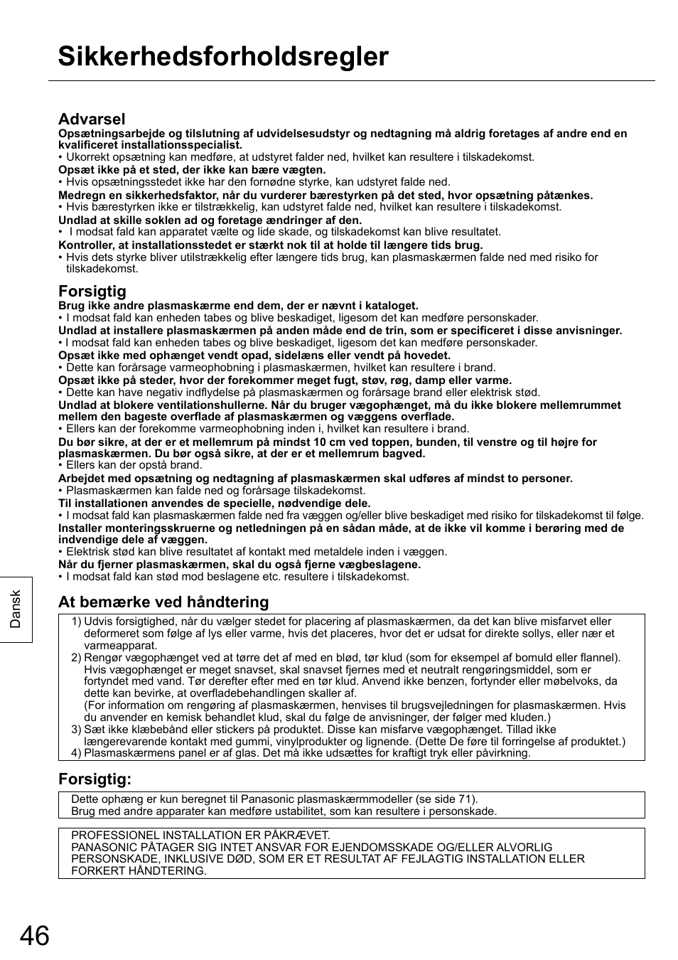 Sikkerhedsforholdsregler, Advarsel, Forsigtig | At bemærke ved håndtering | Panasonic TYWK42PR20 User Manual | Page 46 / 72