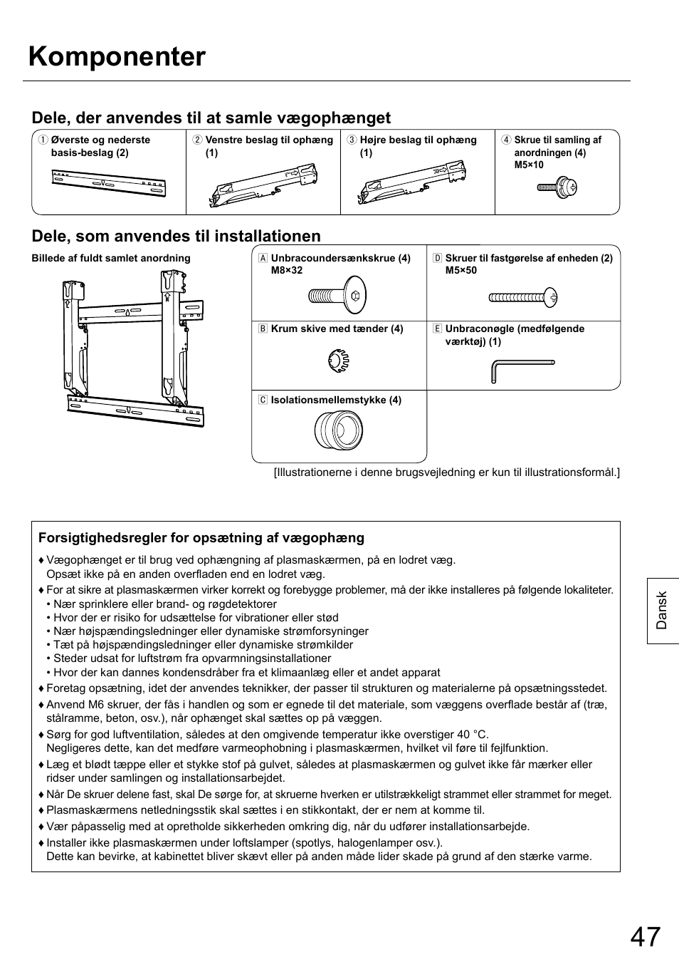 Komponenter, Dele, der anvendes til at samle vægophænget, Dele, som anvendes til installationen | Panasonic TYWK42PR20 User Manual | Page 47 / 72