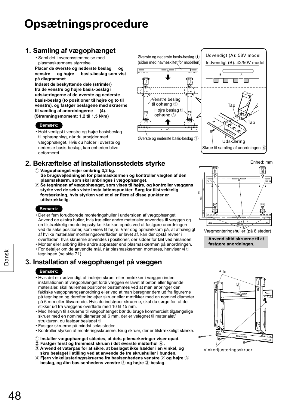 Opsætningsprocedure, Samling af vægophænget, Bekræftelse af installationsstedets styrke | Installation af vægophænget på væggen, Dansk | Panasonic TYWK42PR20 User Manual | Page 48 / 72