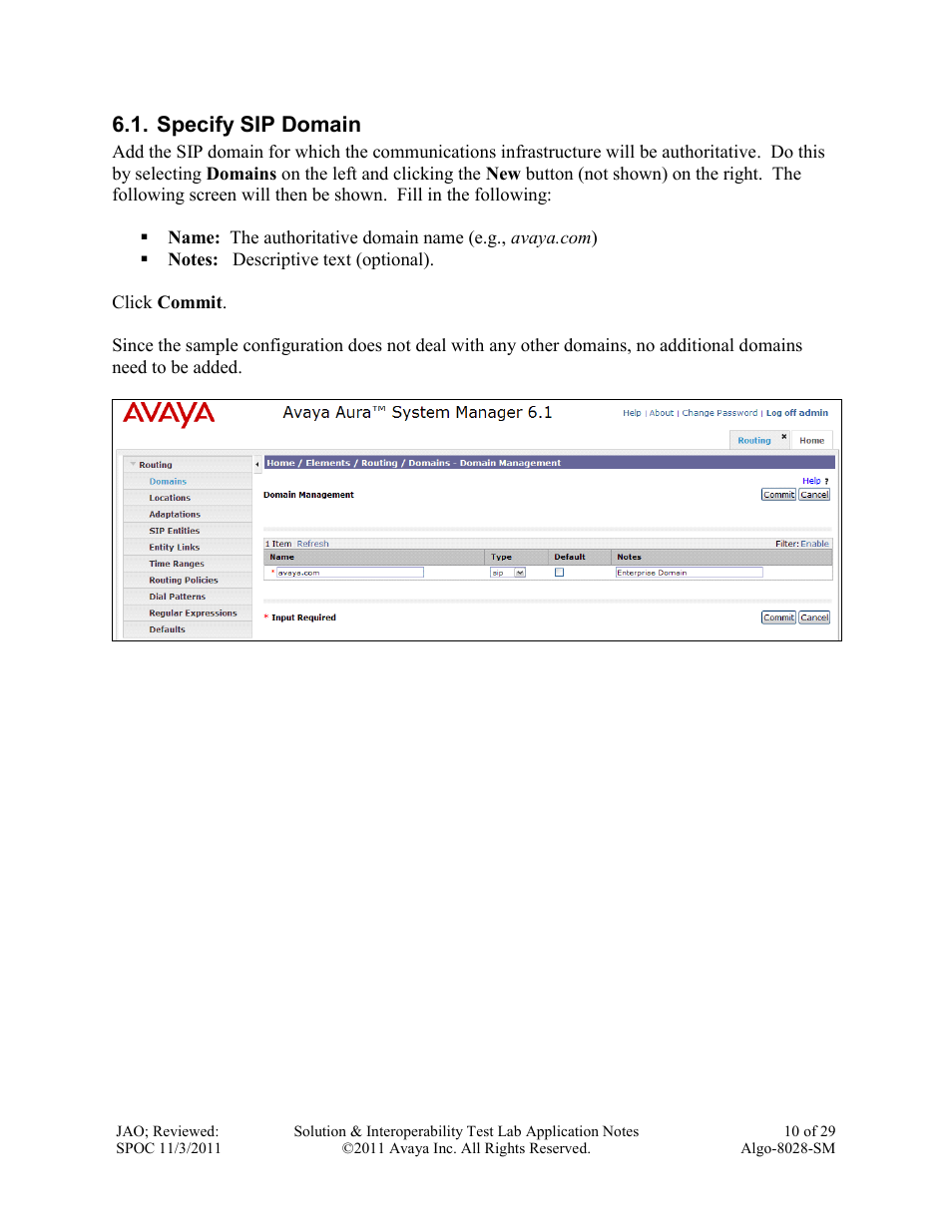 Specify sip domain | Avaya ALGO-8028-SM User Manual | Page 10 / 29