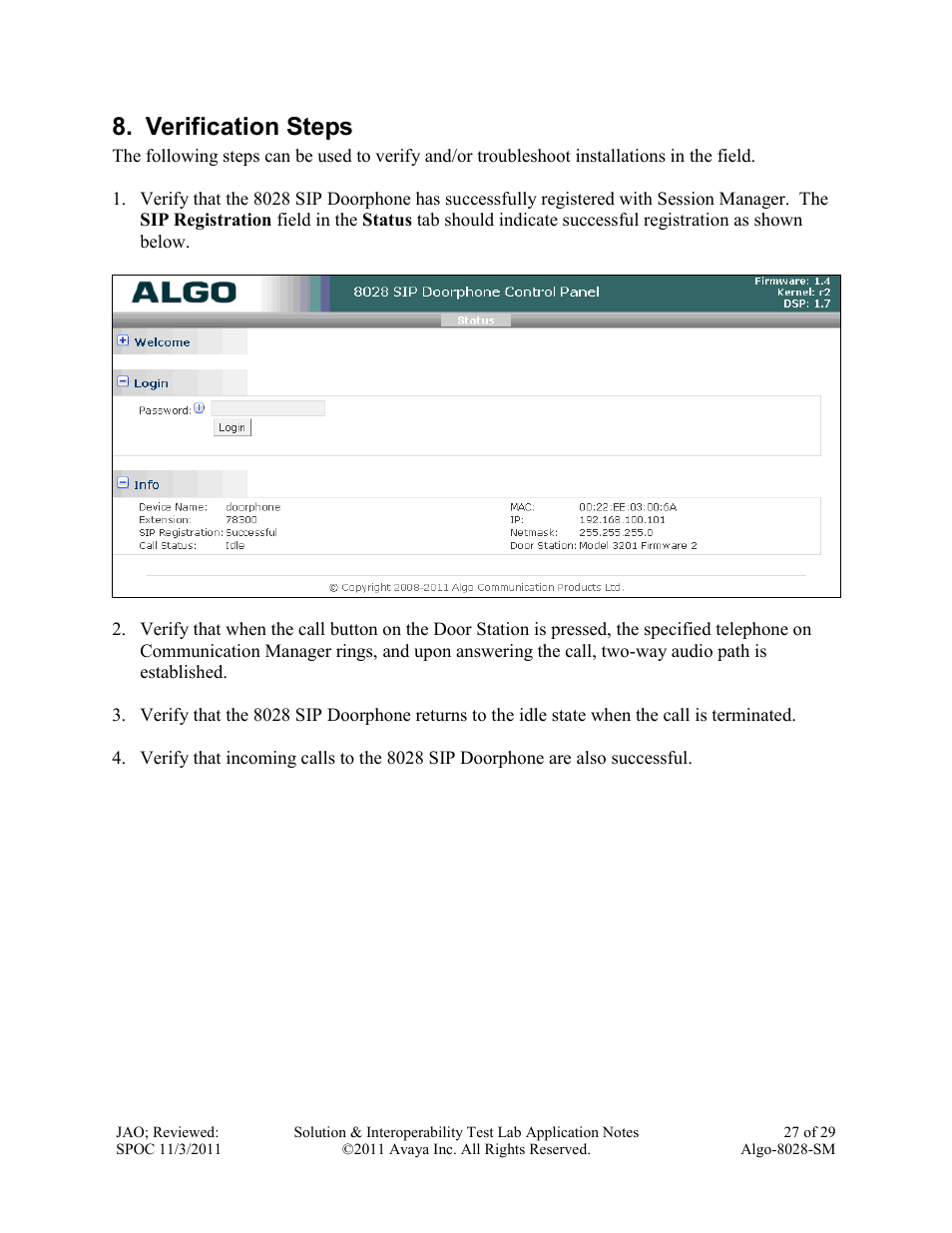 Verification steps | Avaya ALGO-8028-SM User Manual | Page 27 / 29