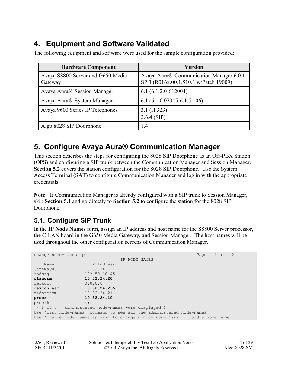 Equipment and software validated, Configure avaya aura® communication manager, Configure sip trunk | Avaya ALGO-8028-SM User Manual | Page 4 / 29