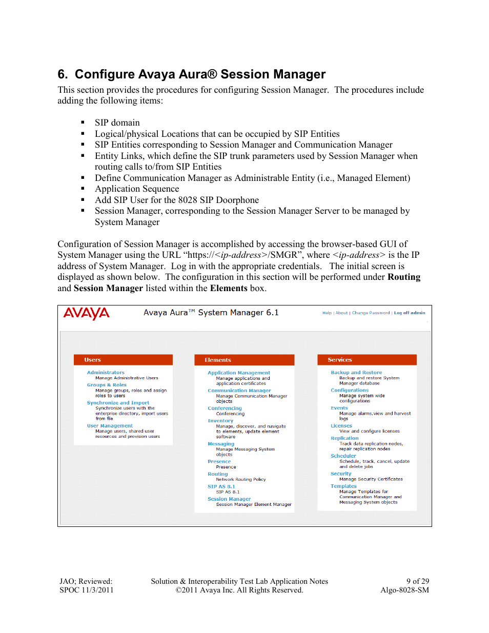 Configure avaya aura® session manager | Avaya ALGO-8028-SM User Manual | Page 9 / 29