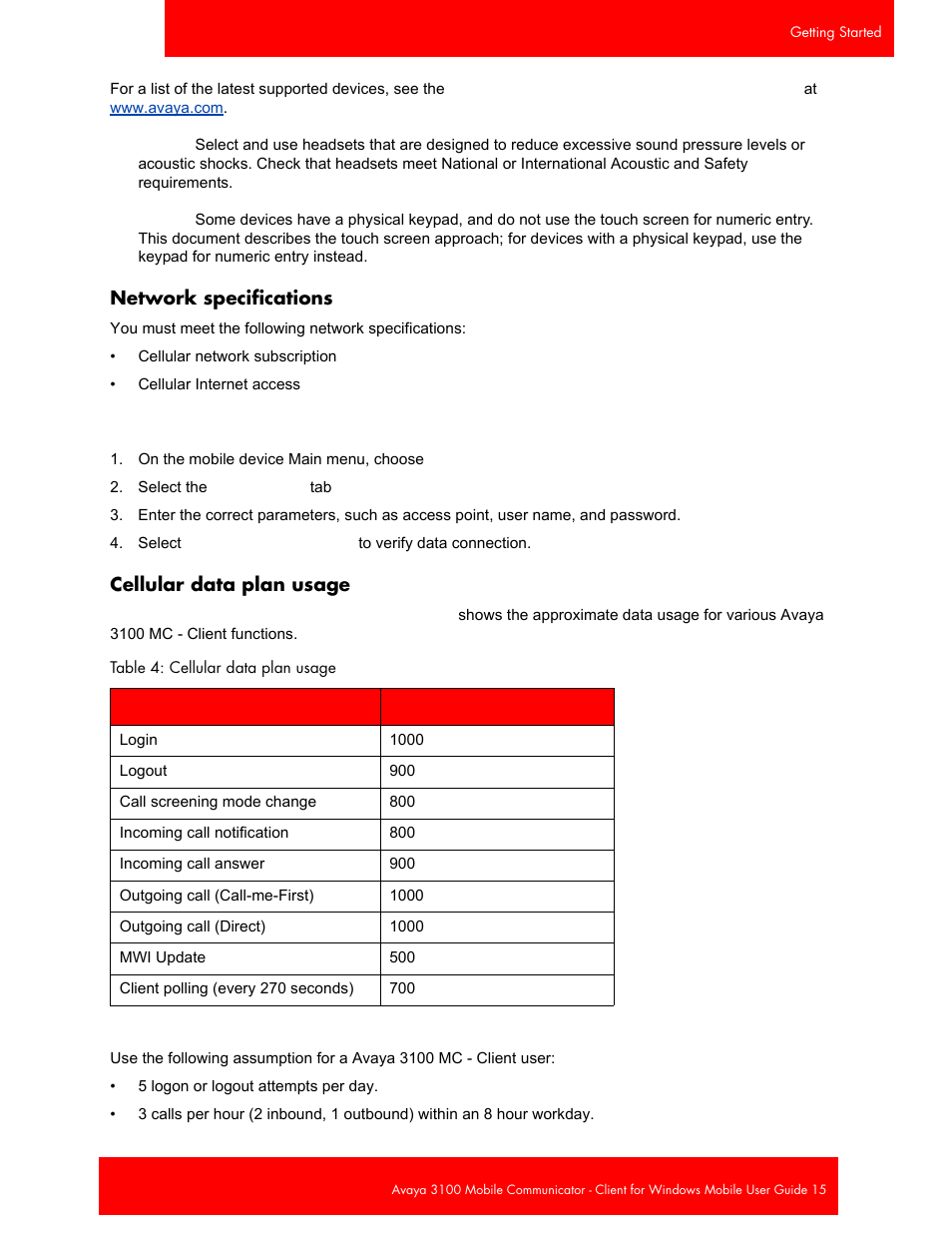 Network specifications, Cellular data plan usage, Network specifications cellular data plan usage | Network | Avaya 3100 User Manual | Page 15 / 84