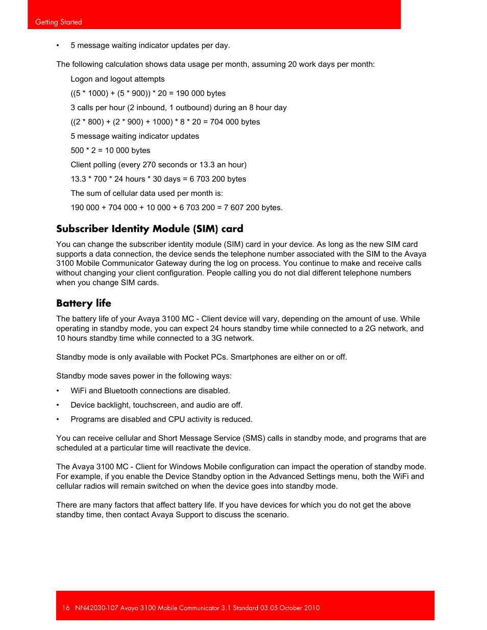 Subscriber identity module (sim) card, Battery life, Subscriber identity module (sim) card battery life | Avaya 3100 User Manual | Page 16 / 84