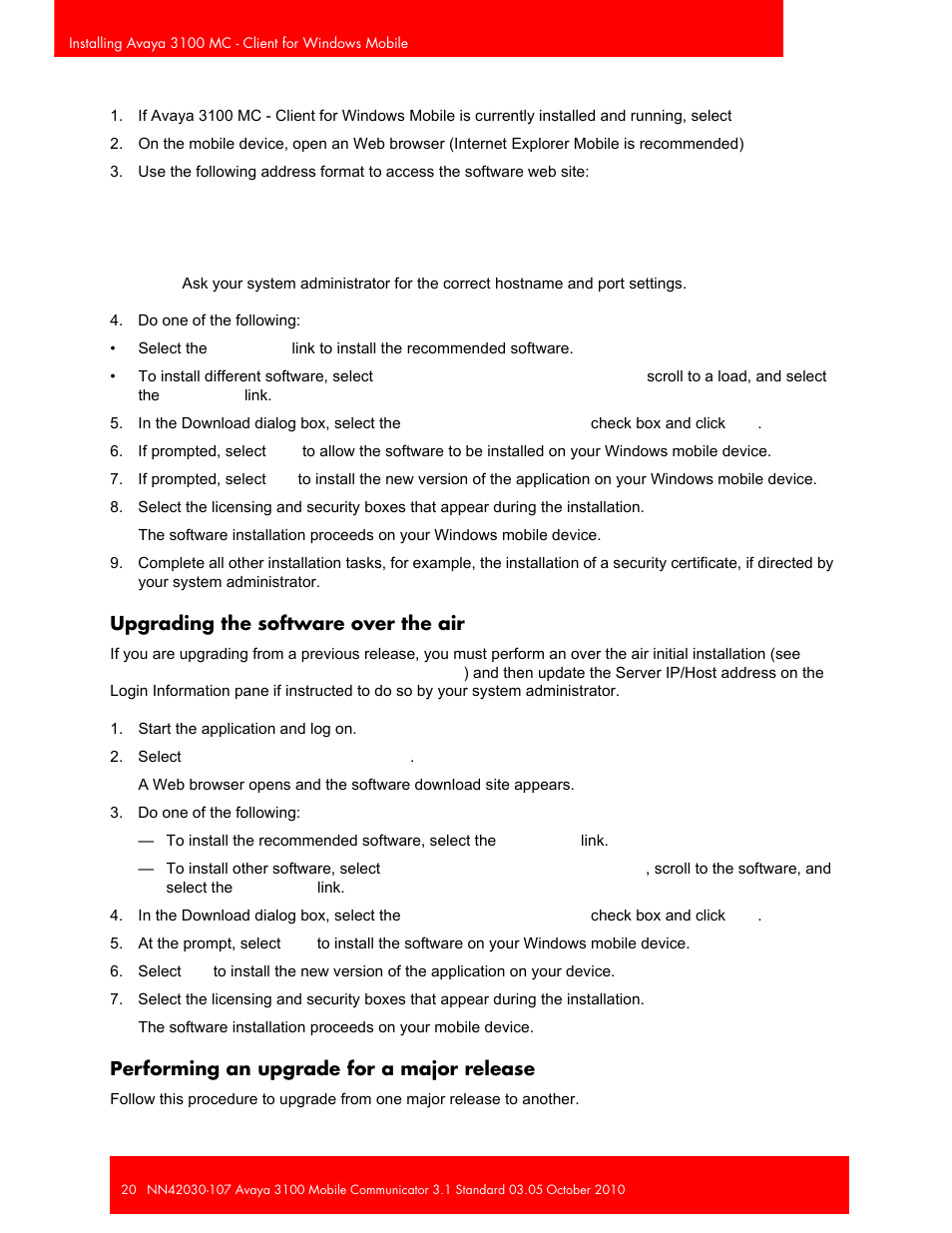 Upgrading the software over the air, Performing an upgrade for a major release | Avaya 3100 User Manual | Page 20 / 84